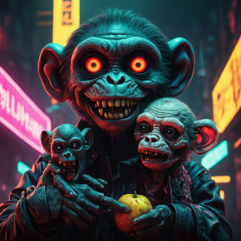 Glowing Zombie Monkey Monster Clown with Zombie Puppy in Neo...