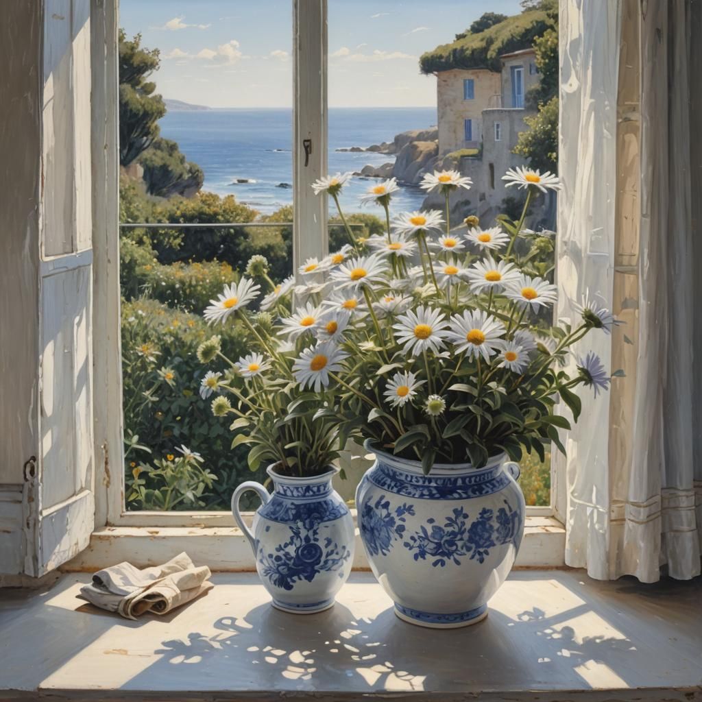 Michaelmas Daisies by the Sea: Photorealistic Style
