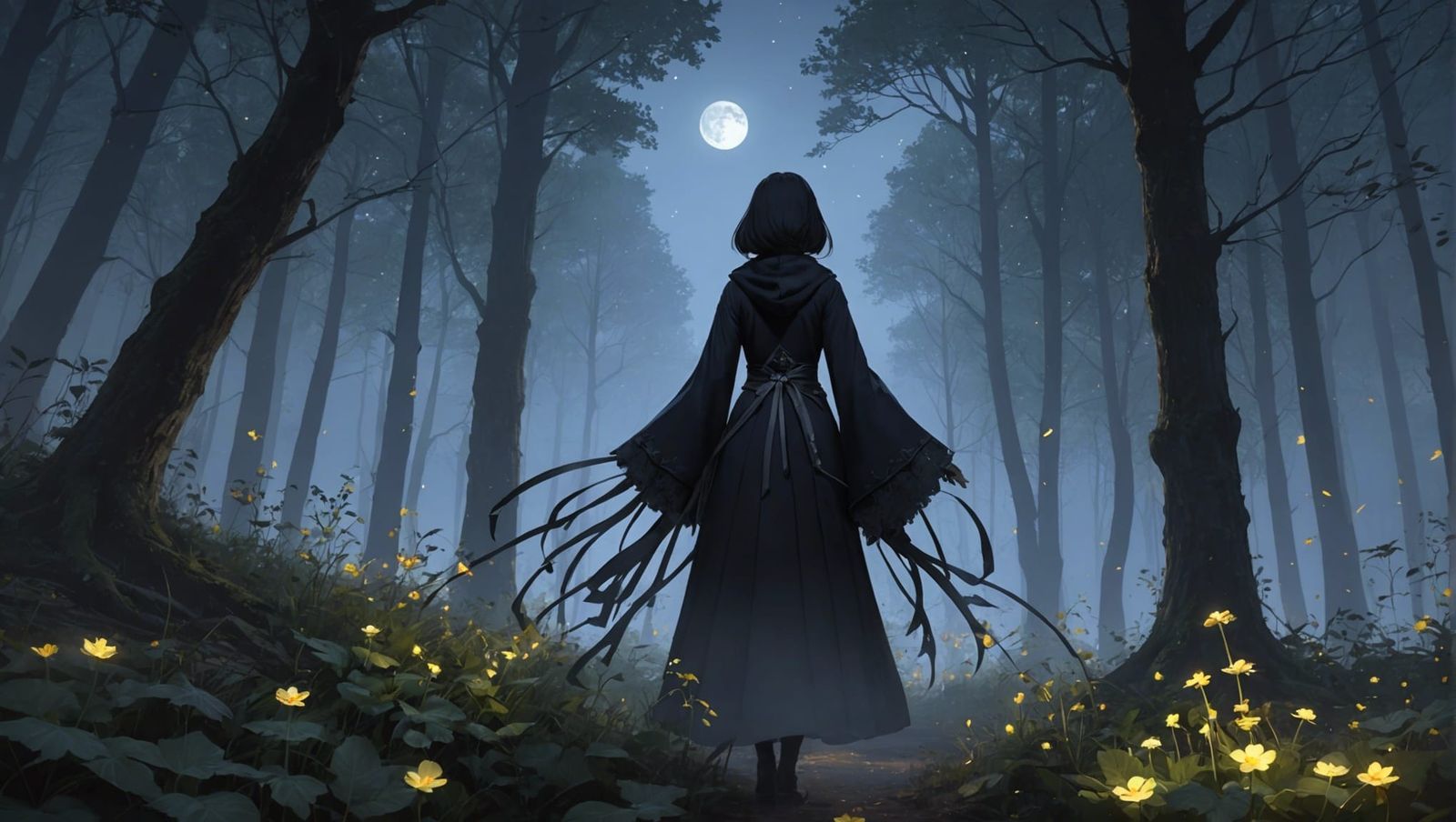 Ghostly Woman in Starry Forest: Anime Style