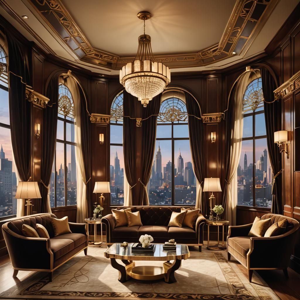 Elegant Art Deco Living Room with Cityscape View