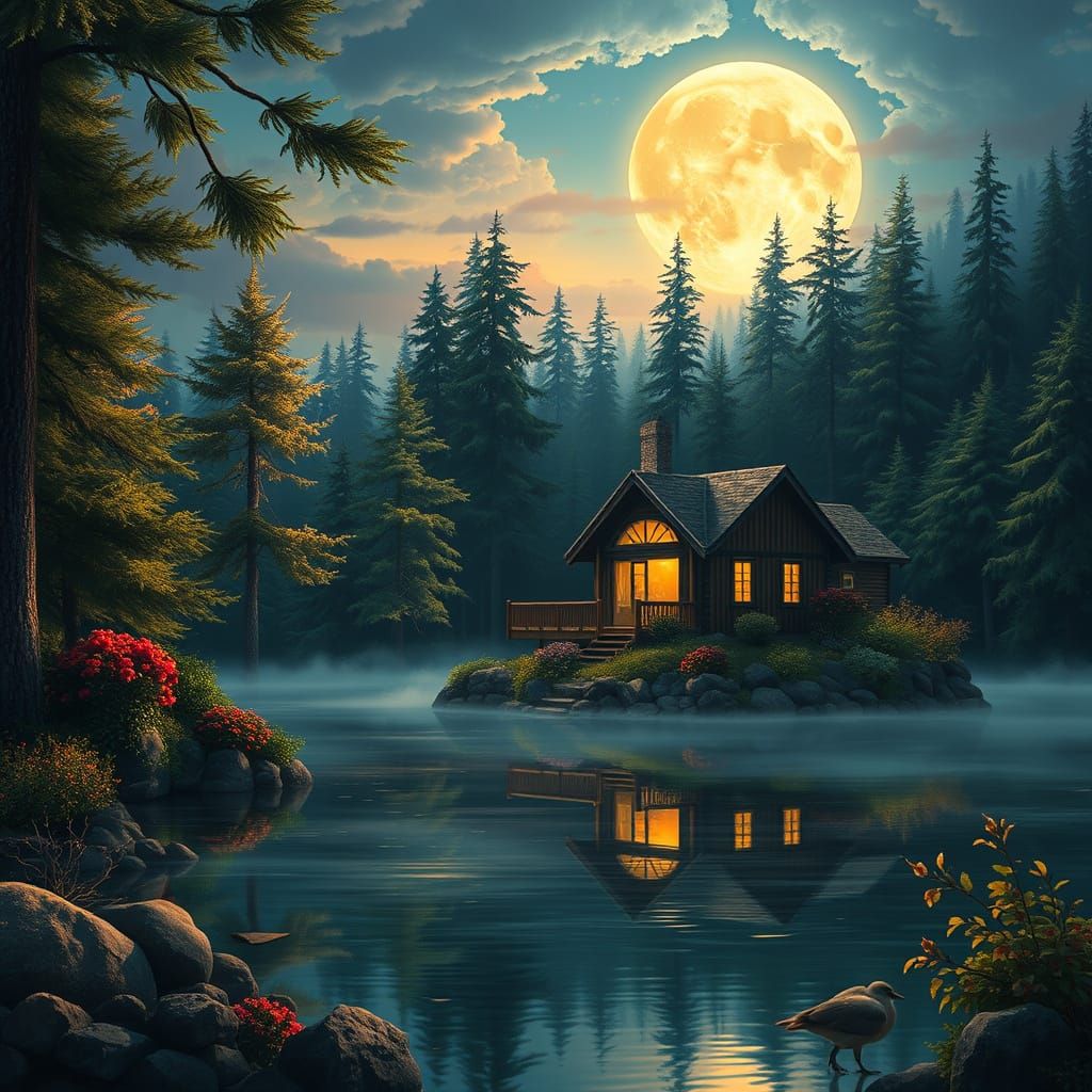 serene lakeside cabin, lush forest, large, bright moon, warm...