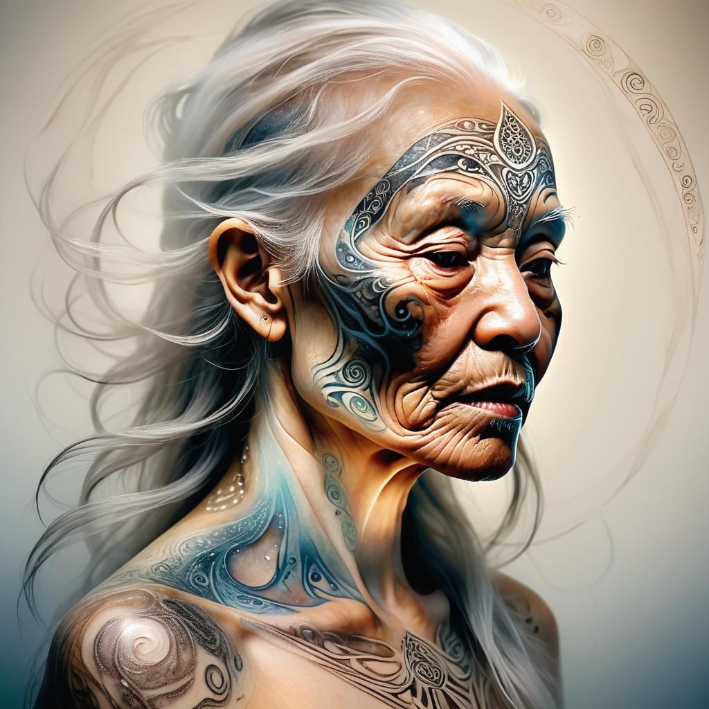 Wise Inuit Elder with Stardust Eyes as Suminagashi Tattoo