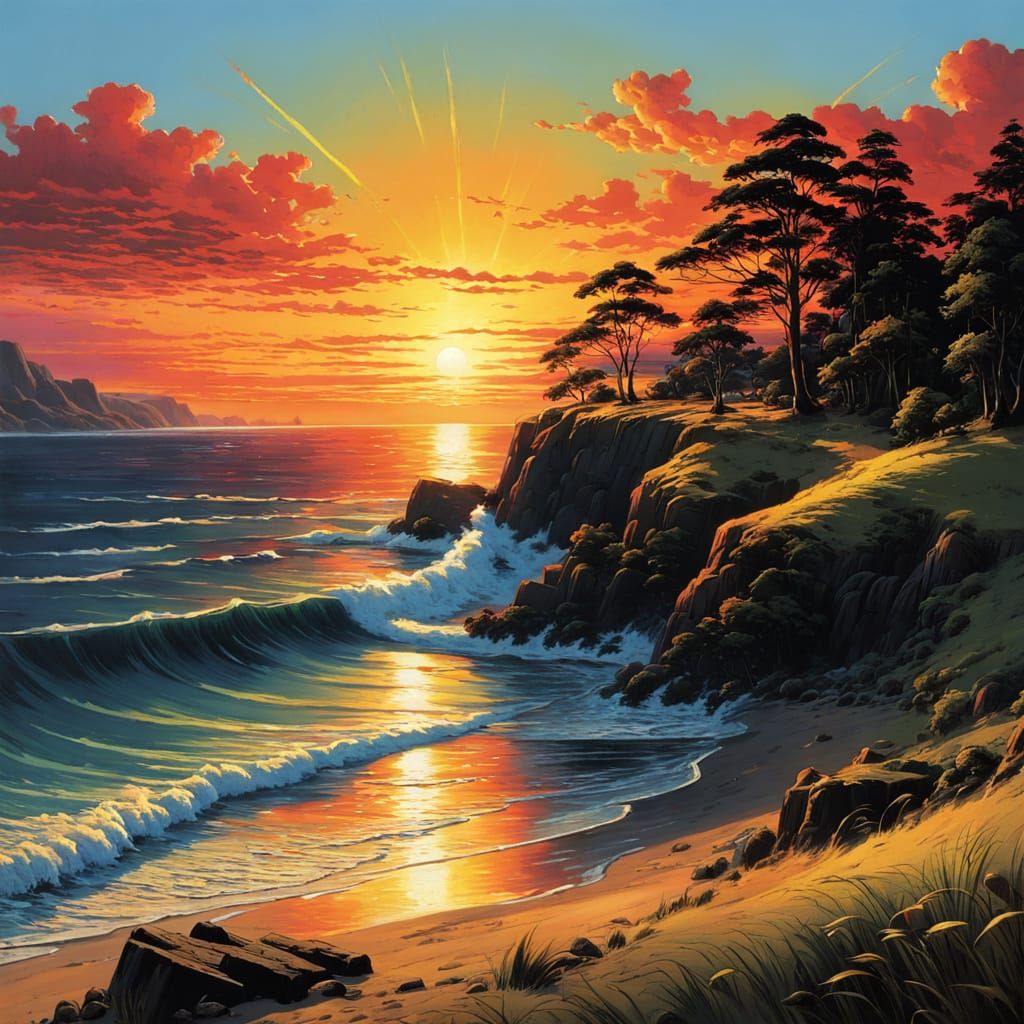 Vibrant Sunset Over Seashore in Anime Style