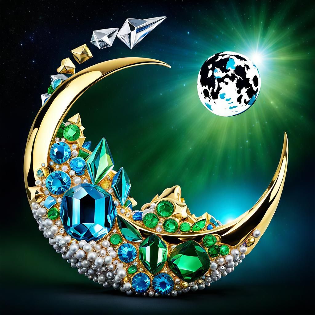 Surreal Crystal Moon Creation in Gold and Silver