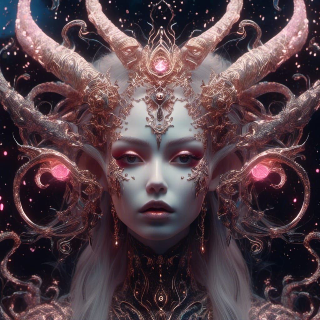 Demonic Alien Woman with Ram Horns Under Starry Sky