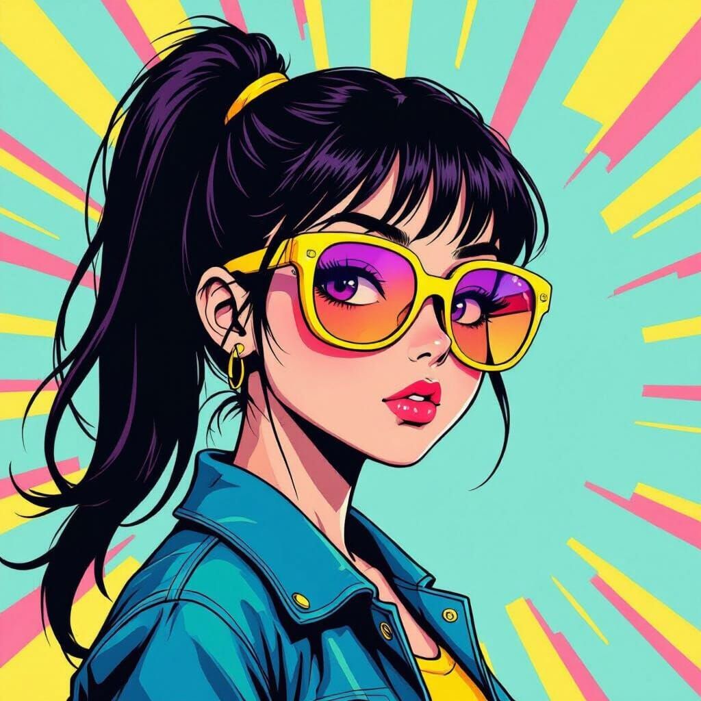 Energetic Girl with Sunglasses in Pop Art Style