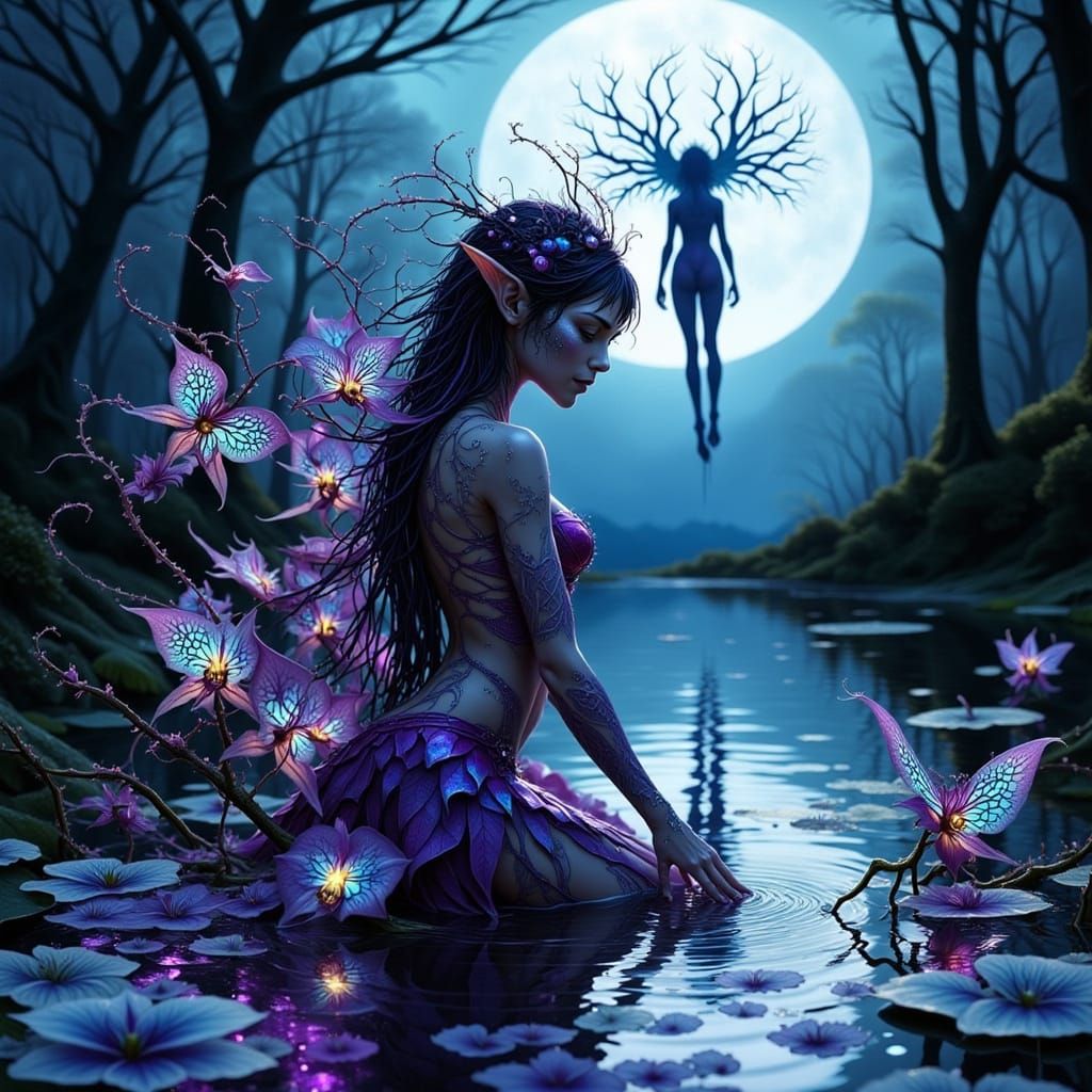 Sylthra Noctebloom Kneeling in Moonlit Forest Pond