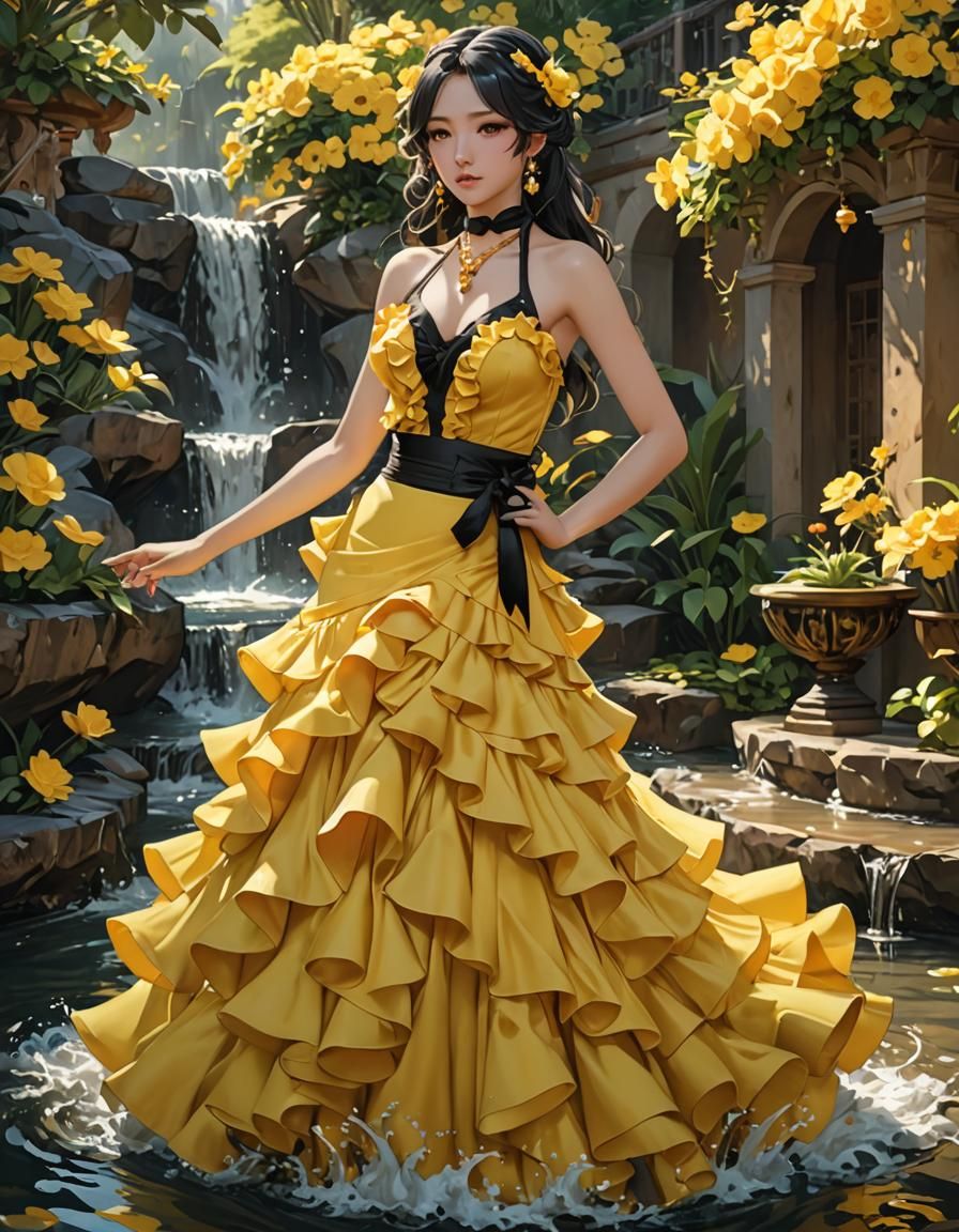 Flowing Yellow Flamenco Dress: 3D Anime Art