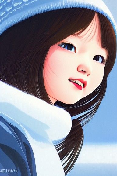 Asian Girl Portrait with Mount Fuji in Anime Style