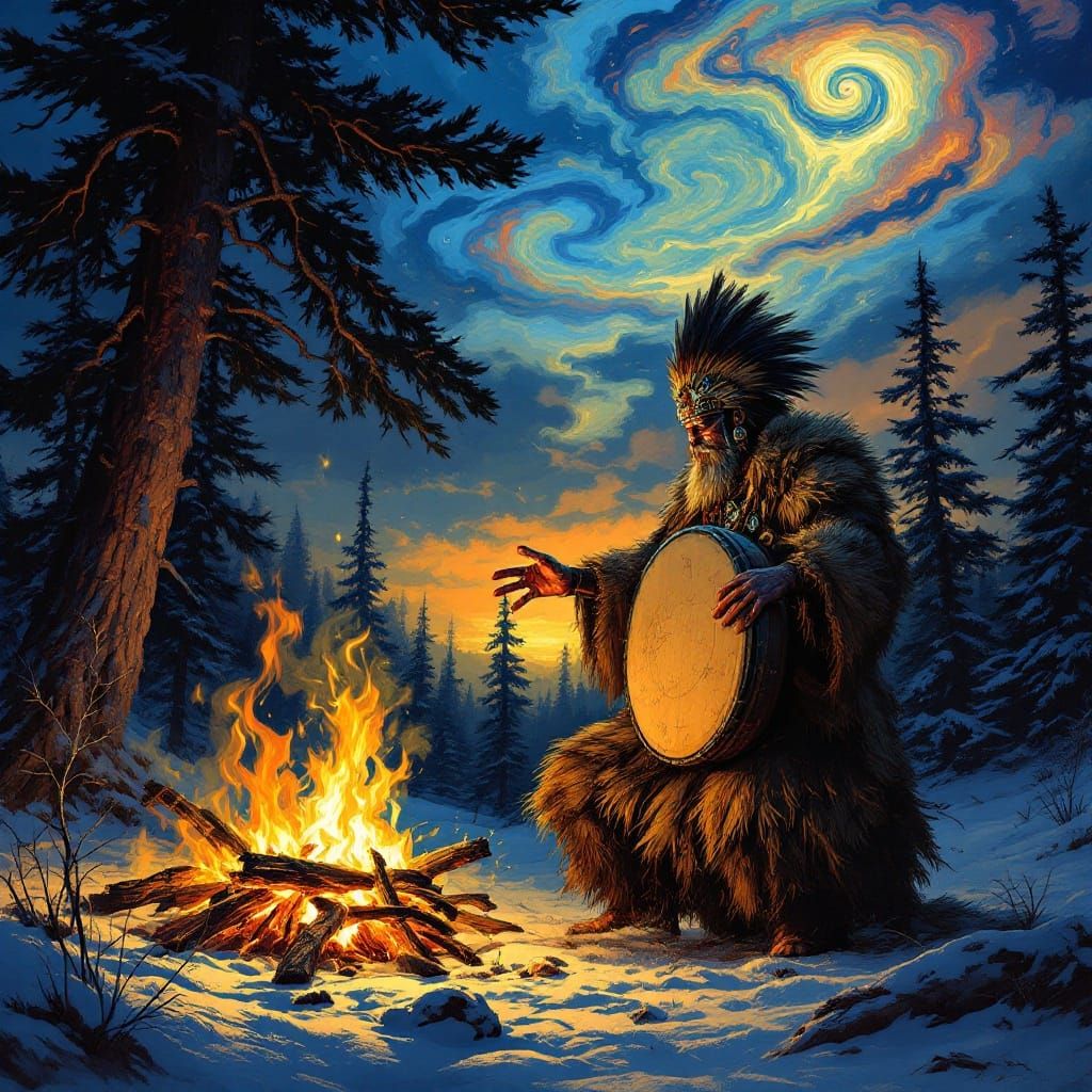 Siberian Shaman Dancing at Dusk with Shaman Symbols