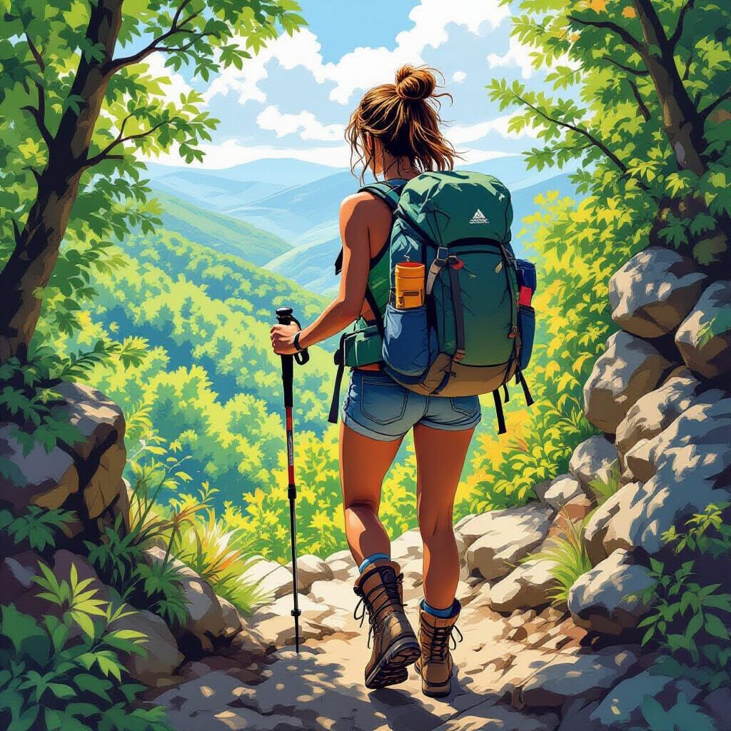 Woman Hiker Descending Appalachian Trail in Comic Style