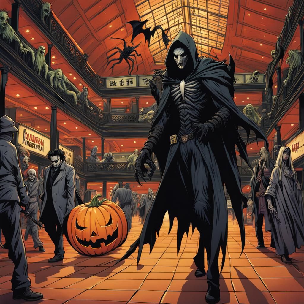 Haunted Mall Scene with Classic Horror Monsters