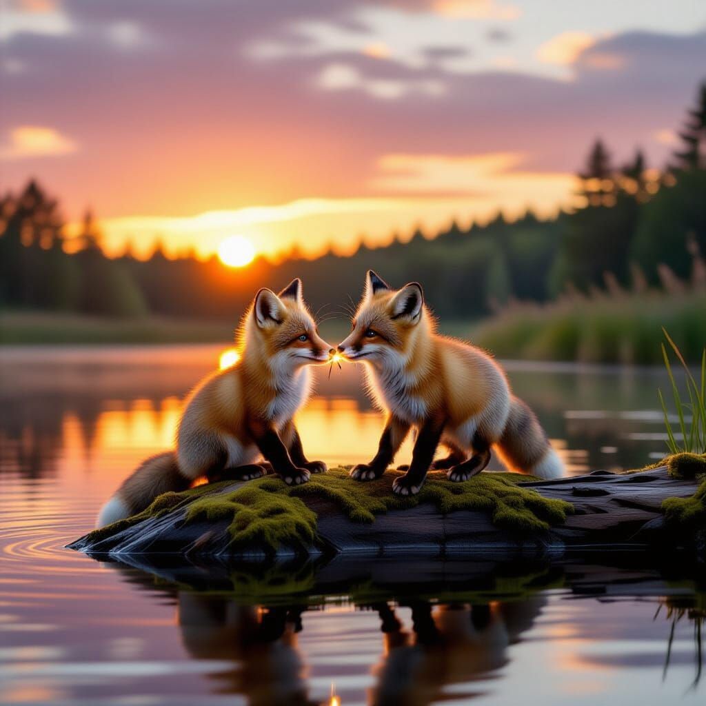Baby Fox Meets Firefly at Sunset Pond