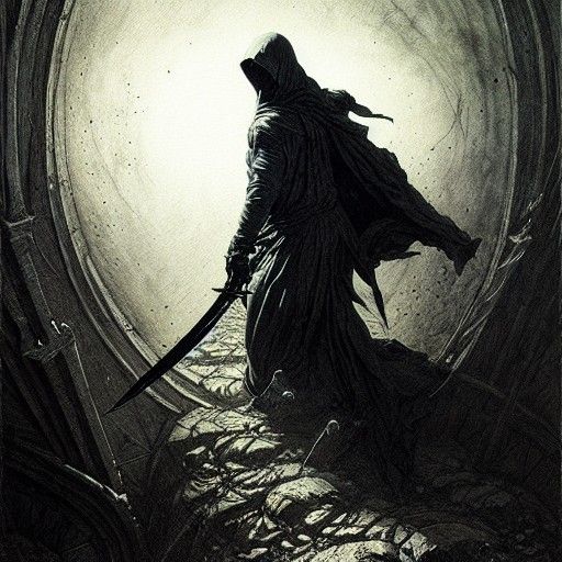 Assassin in Black Desert: Gothic Horror Illustration