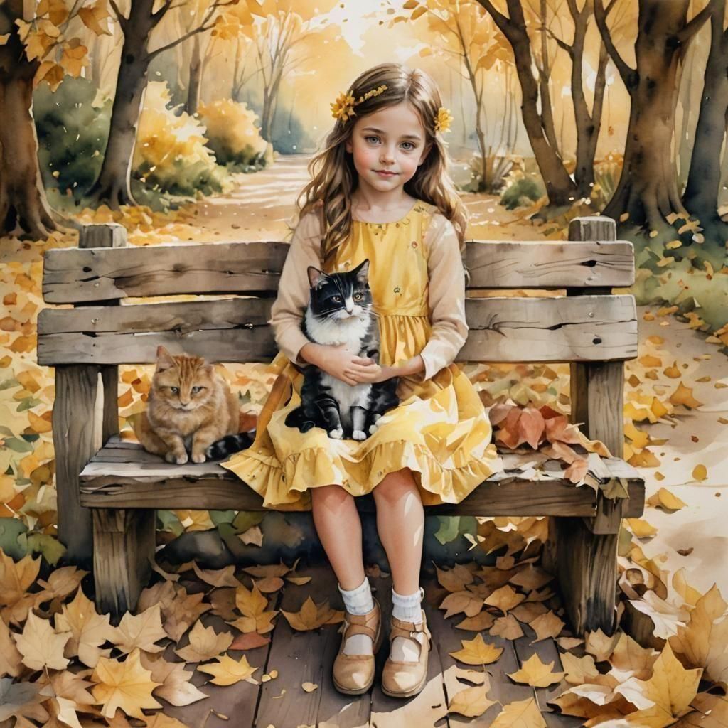 Autumnal Tenderness: Girl and Cat in Harmony