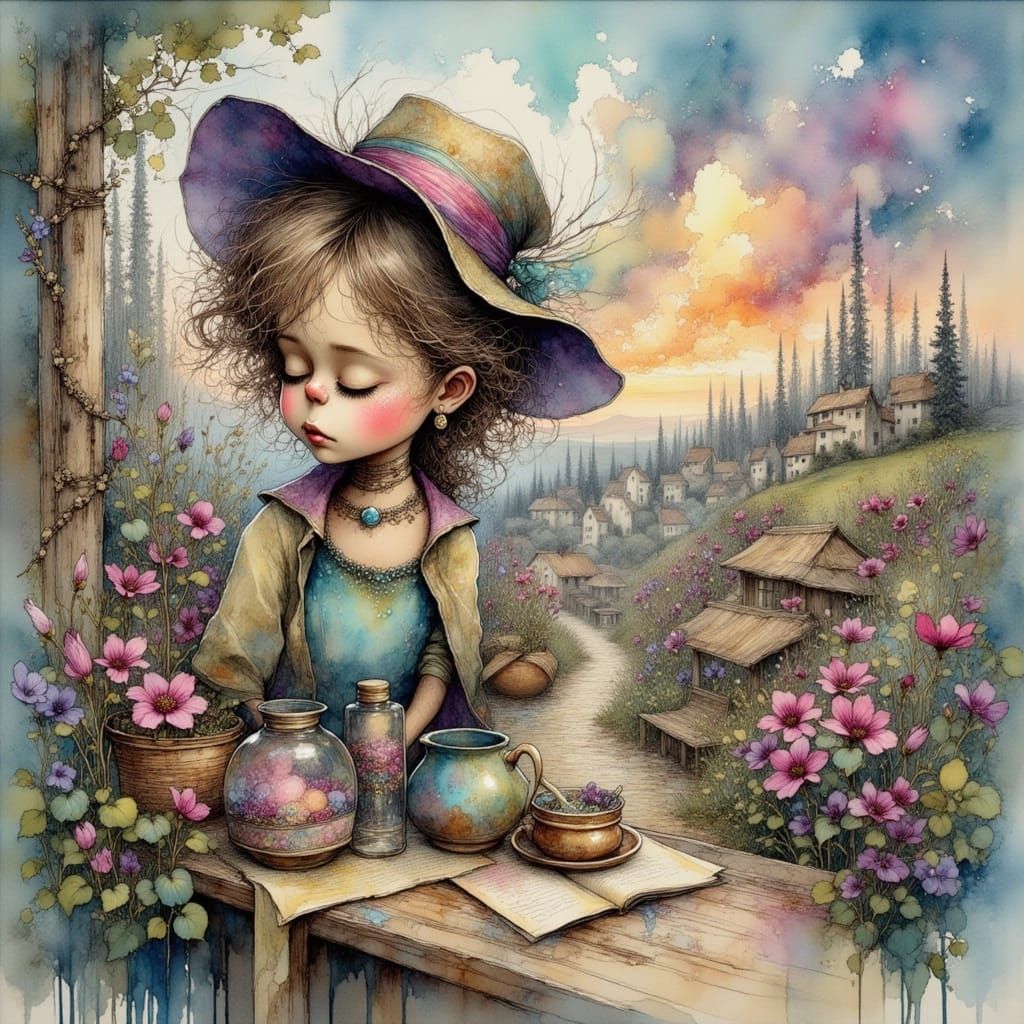 Dancing Woman on Balcony in Whimsical Style