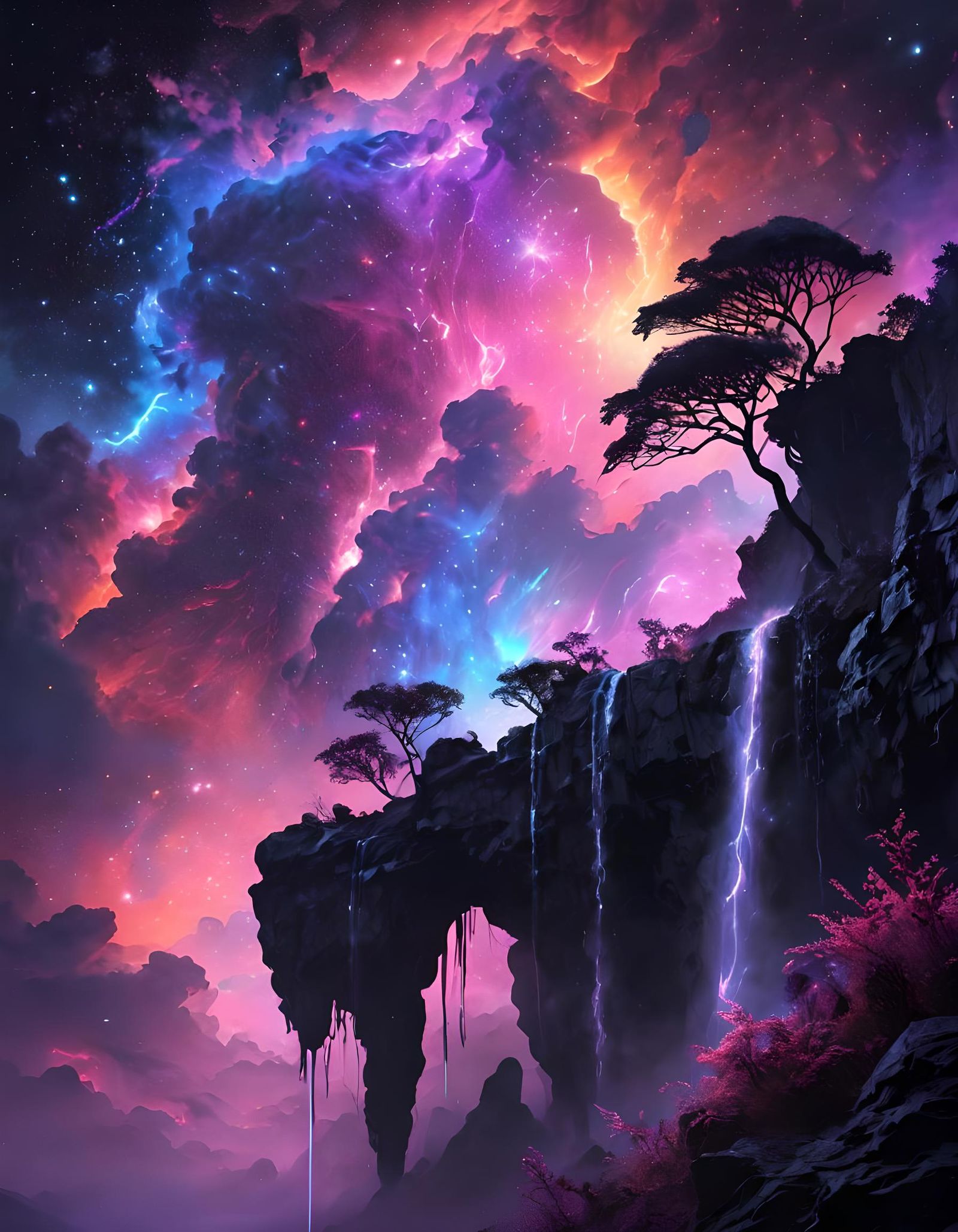 (UV Neon Colours), Inky Oil, misty waterfall, lightning (Holographic Nebula Sky:1.5)