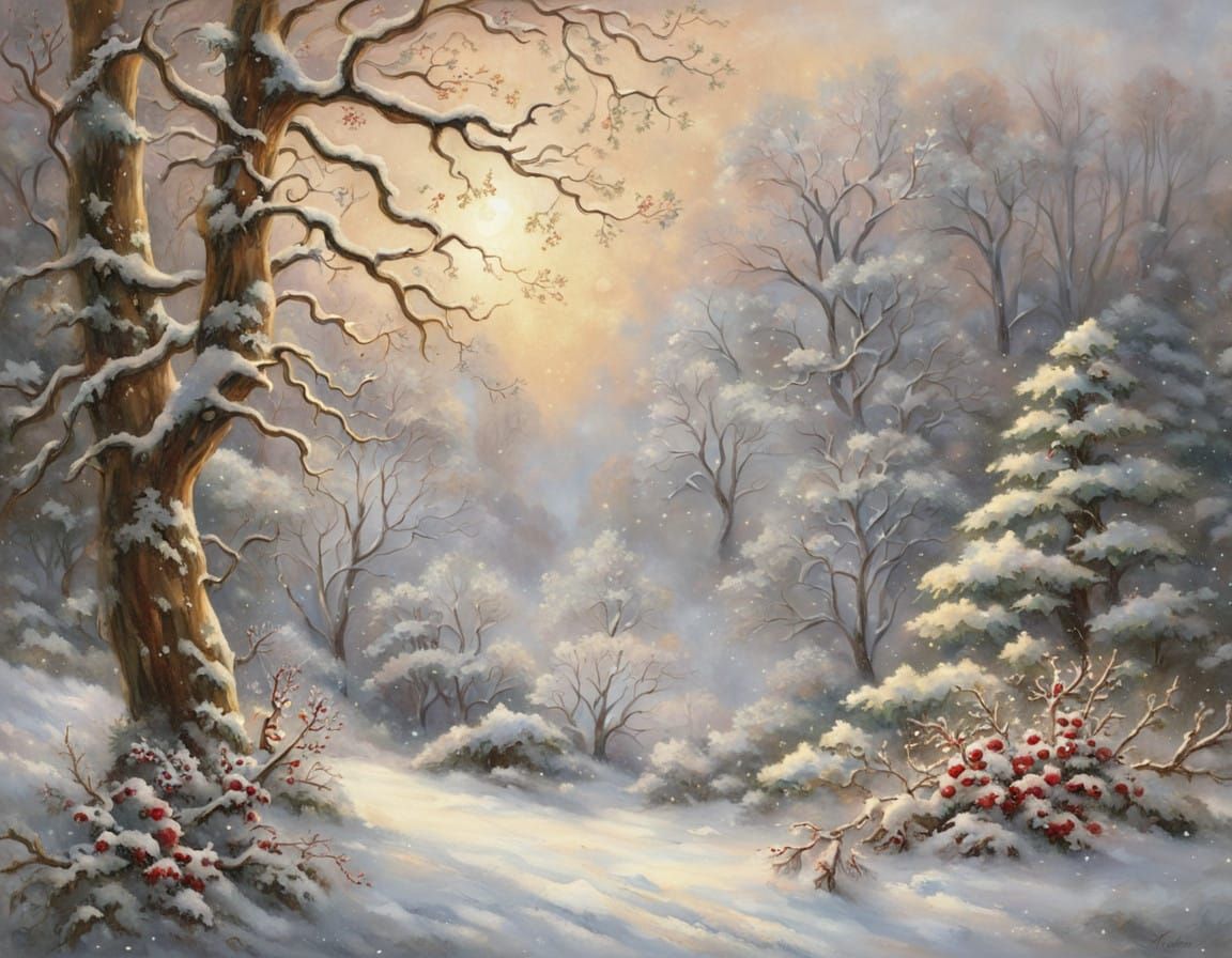 Winter Wonderland Landscape in Soft Watercolor Style
