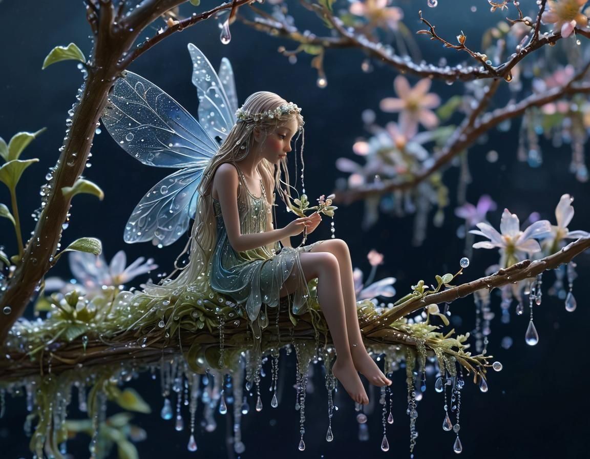 Fairy with Dewdrop Hair on Bioluminescent Flower