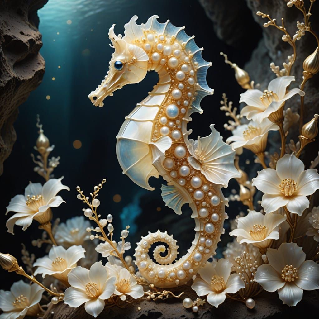 Delicate Seahorse on Pearl Flowers in Glowing Cave