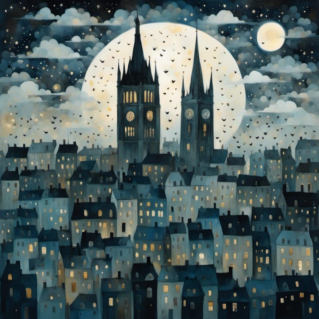 Starry Night Cityscape Illustration in Monochromatic Blue
