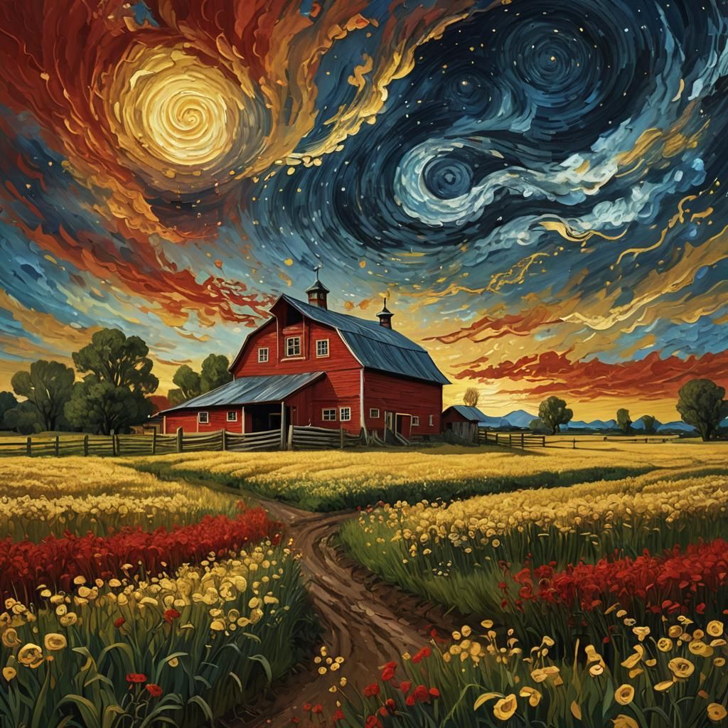 Surreal Red Barn Under Golden Sky in Van Gogh Style