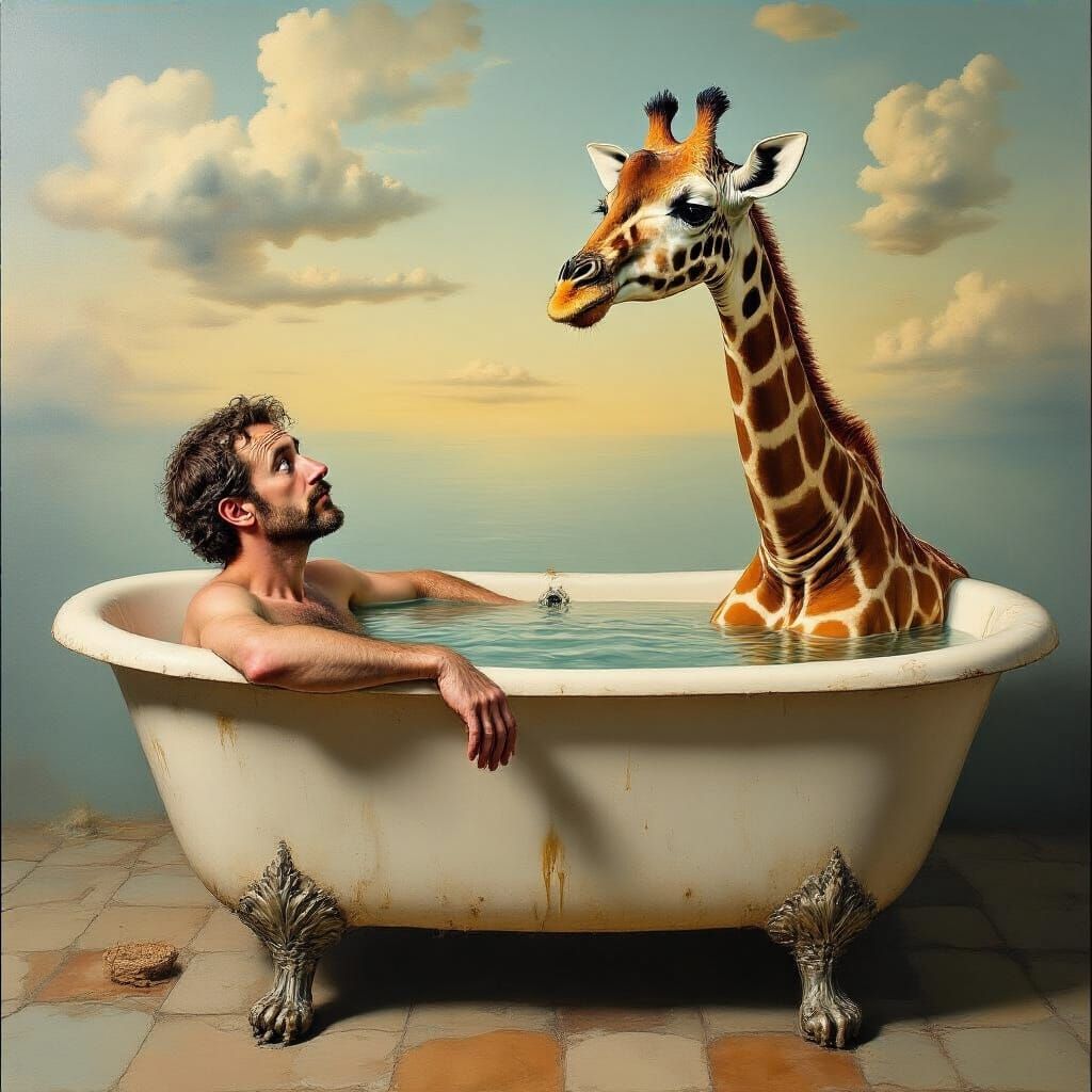 Man and Giraffe in Bathtub, Surreal Dreamscape