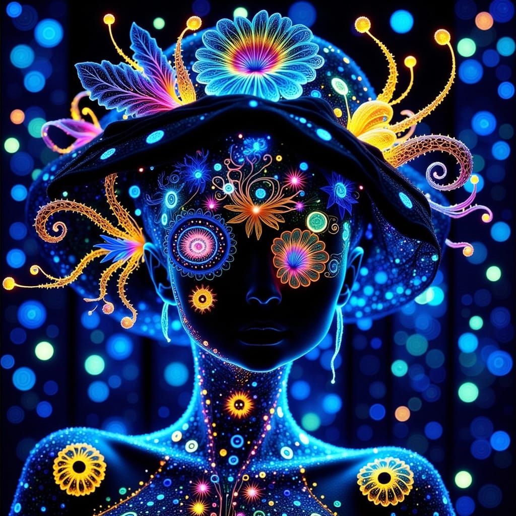 Alien Model with Botanical Light Art Hat