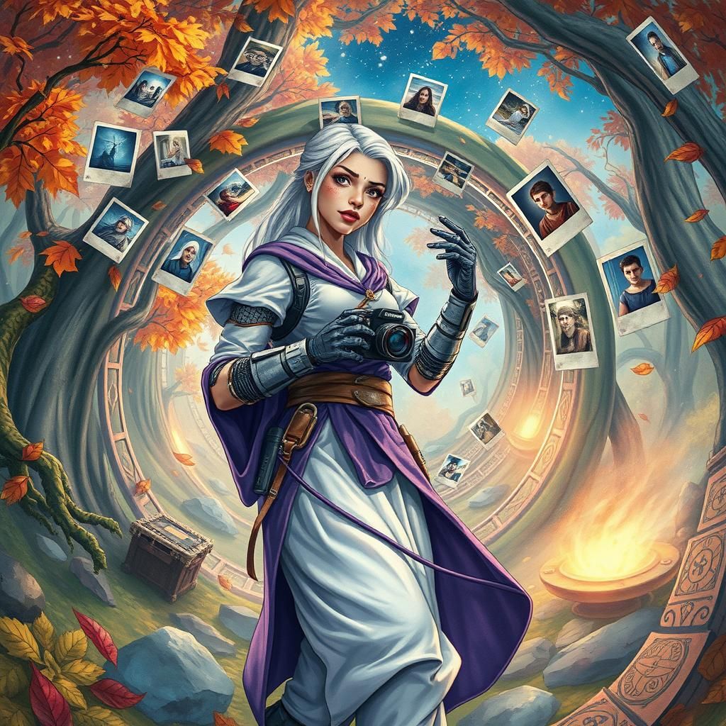 A wide-format comic-style illustration with a vivid color scheme, focused on a female cyborg using a Polaroid camera in ...