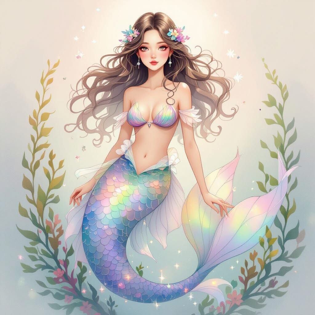 Opal Mermaid Portraits in Serene Watercolor Style