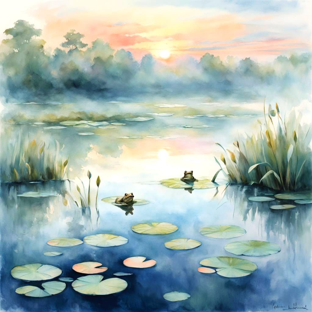 Serene Frog on Lily Pads at Dawn in Watercolor Style