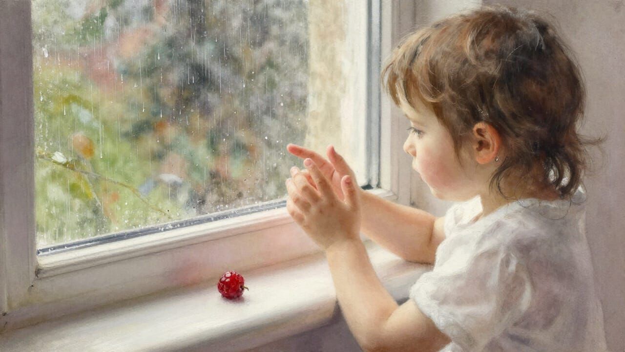 Child Watching Rain by Window in Watercolor Style