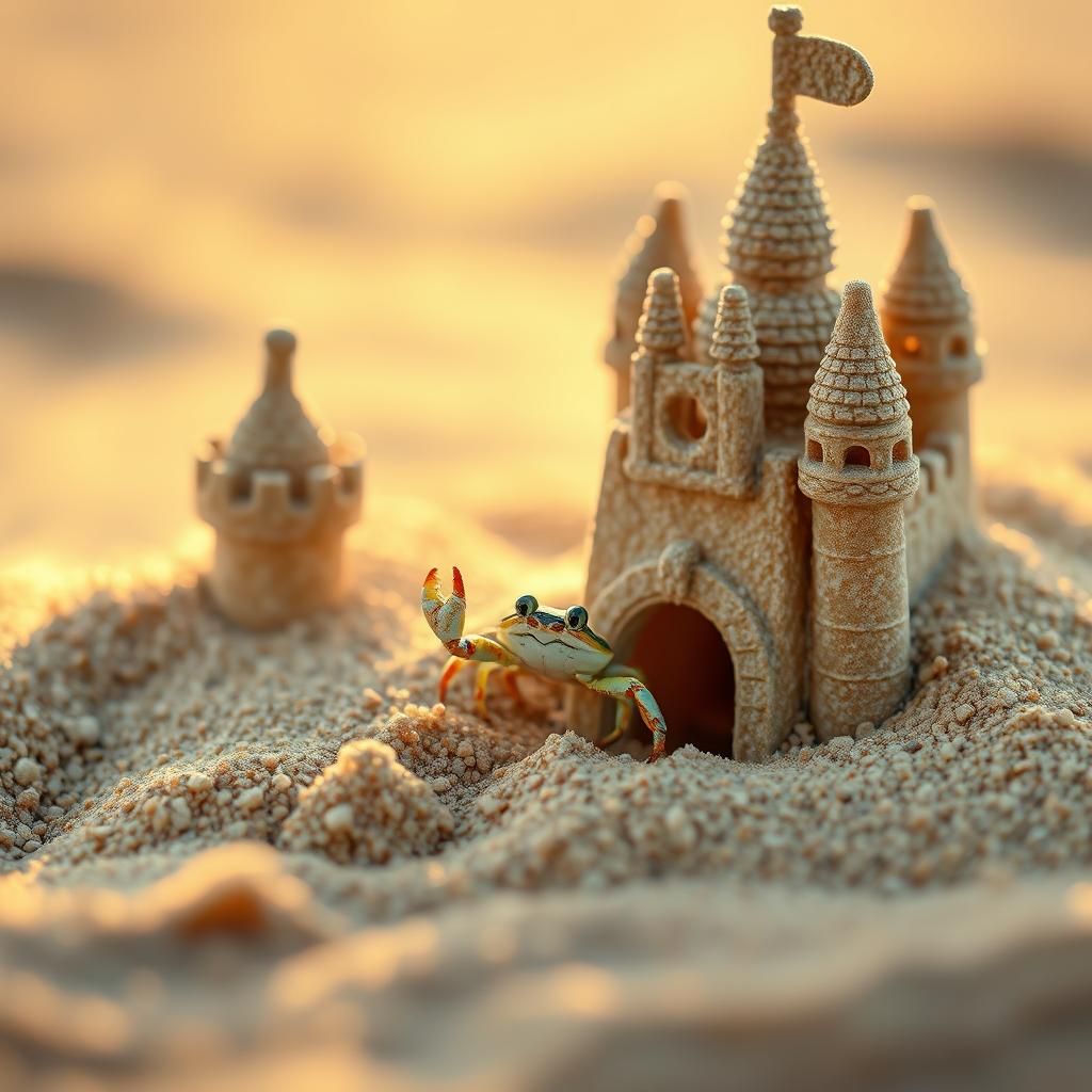 Miniature Sandcastle with Crab, Detailed Photography