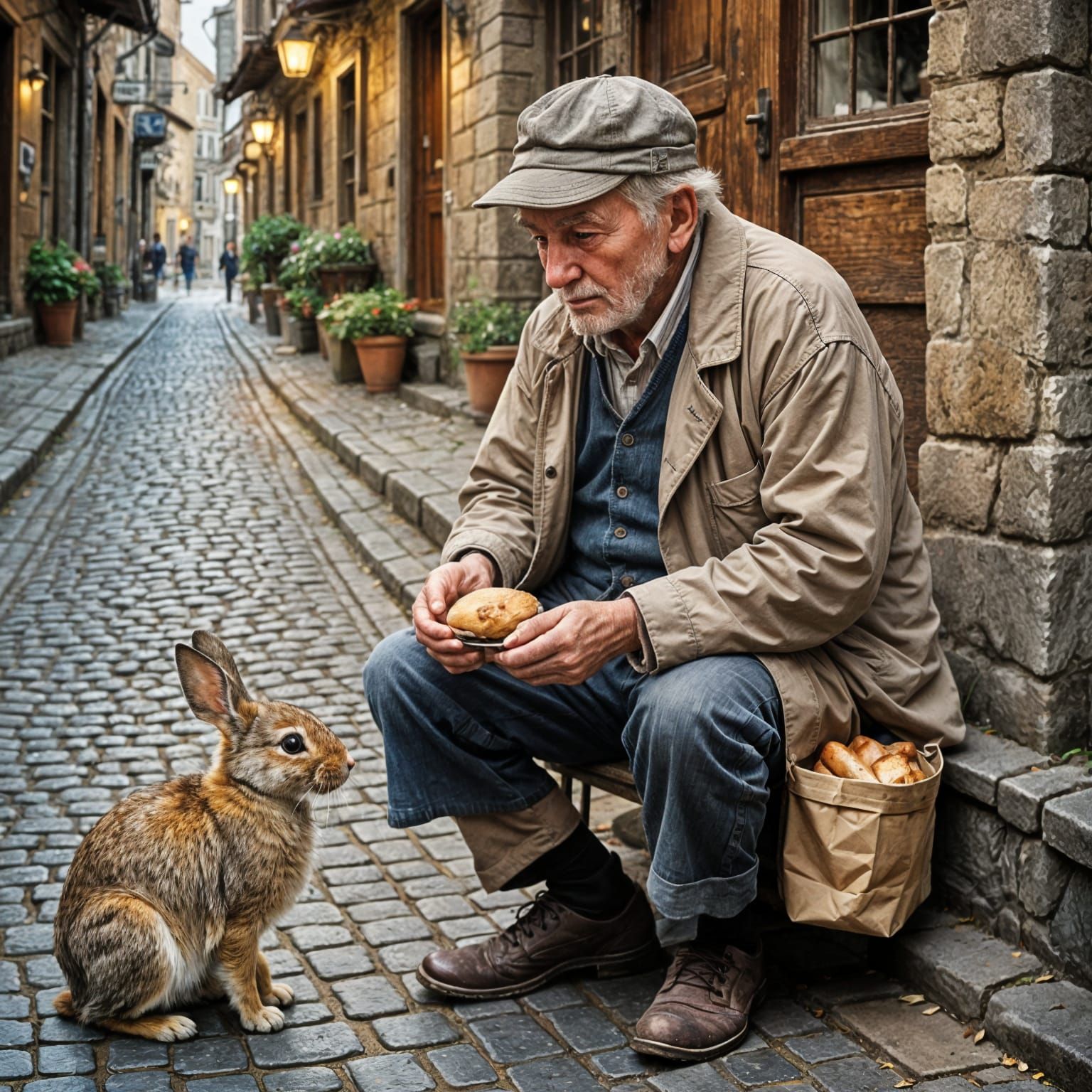 Old Man Shares Bread With Rabbit in Quaint Town