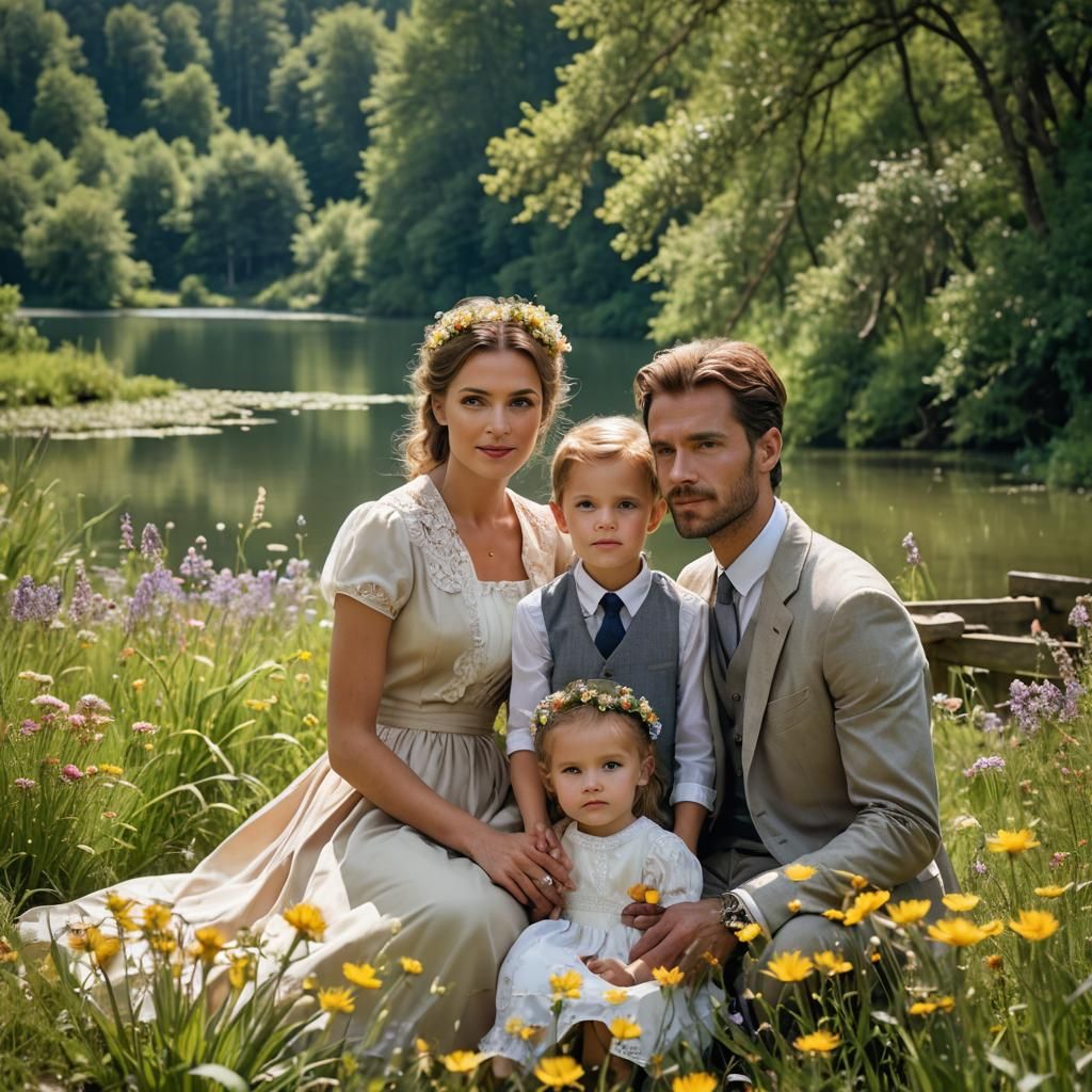 Family Prayer in Golden Light, Detailed Digital Art