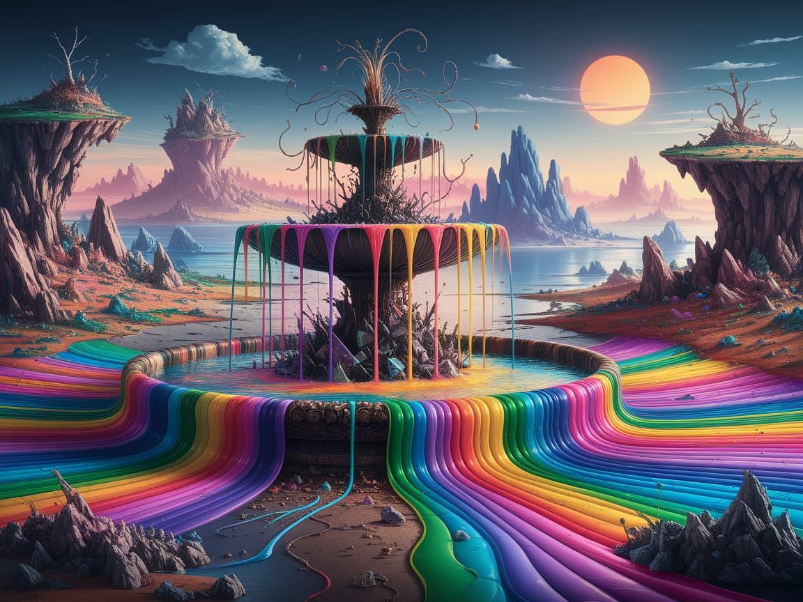 Surreal Fountain of Liquid Light in Dreamscape