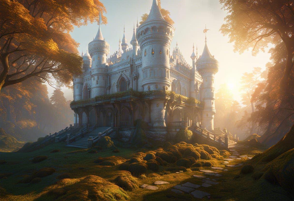 Mystic Forest Castle in Early Morning Light
