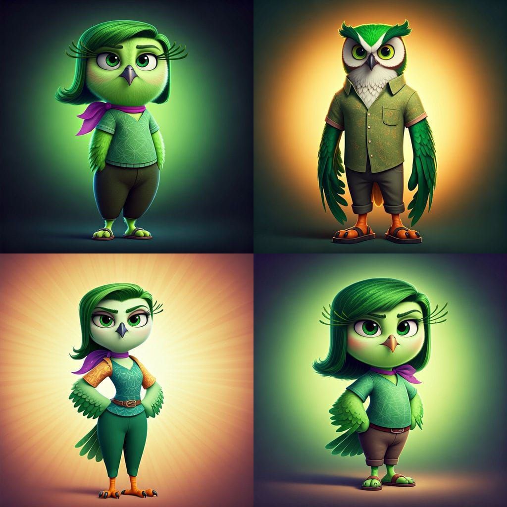 Smart Owl Character with Green Feathers and Hair