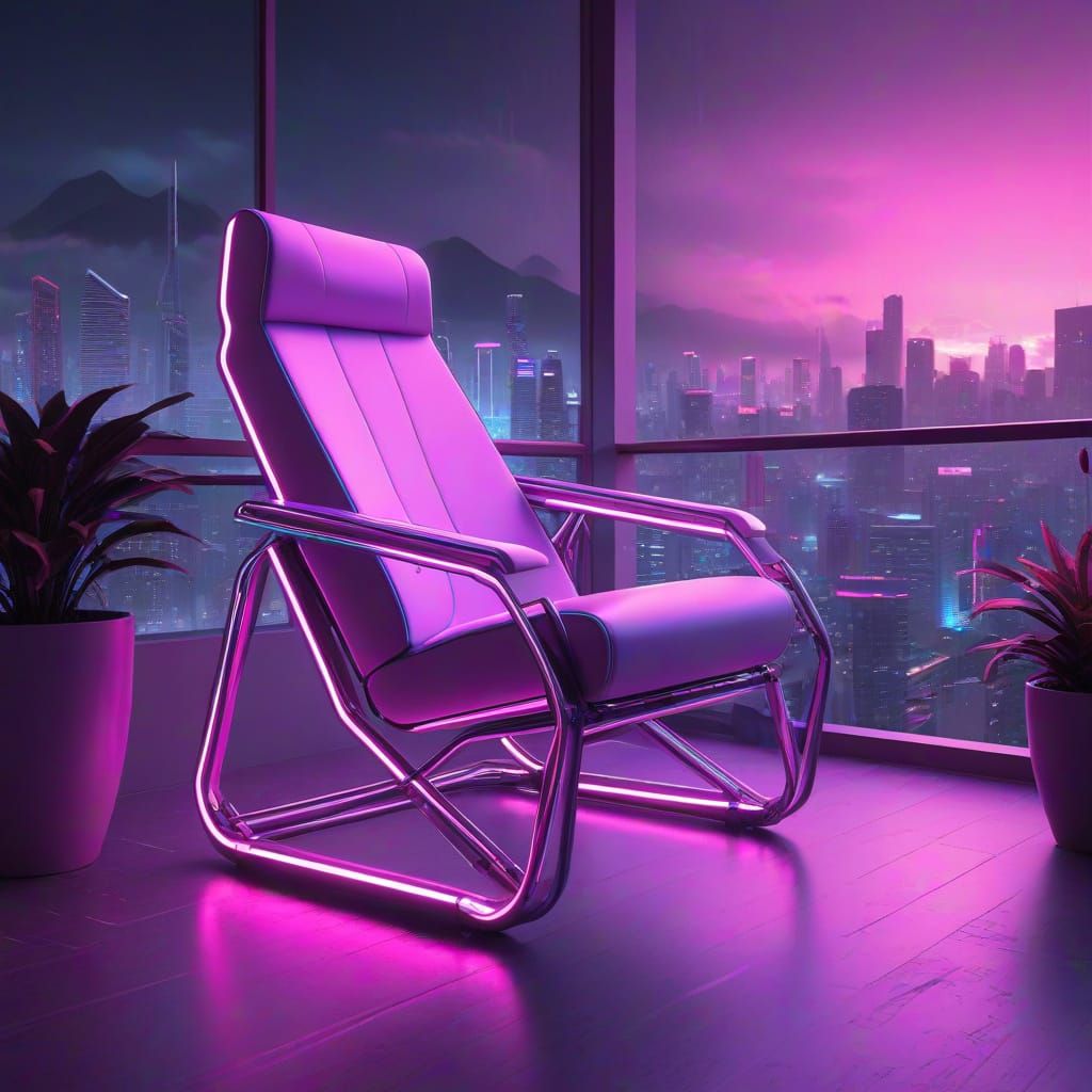 Futuristic Cyberpunk Rocking Chair in Vaporwave Style