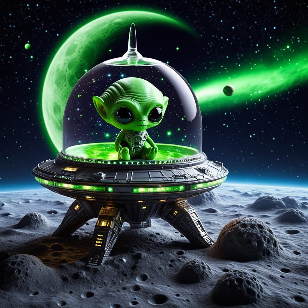 Neon Alien Chibi in Miniature Spaceship on Moon