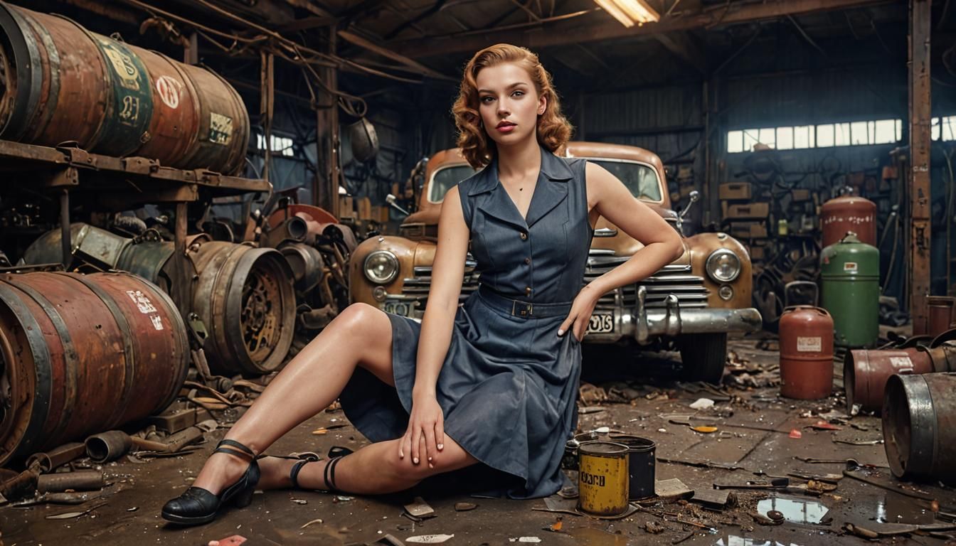 Dieselpunk Girl in 1940s Industrial Workshop
