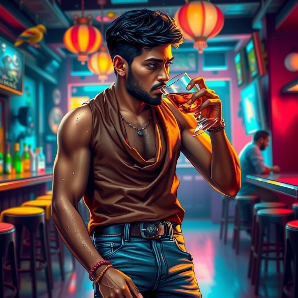 South Indian Man in Vibrant Bar: Hyperrealistic Image