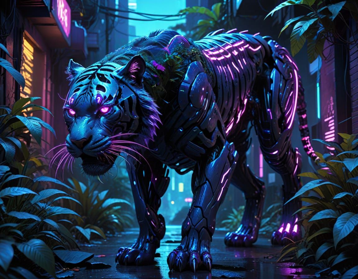Cybernetic Tiger Stalks Neon Jungle in Cyberpunk Style