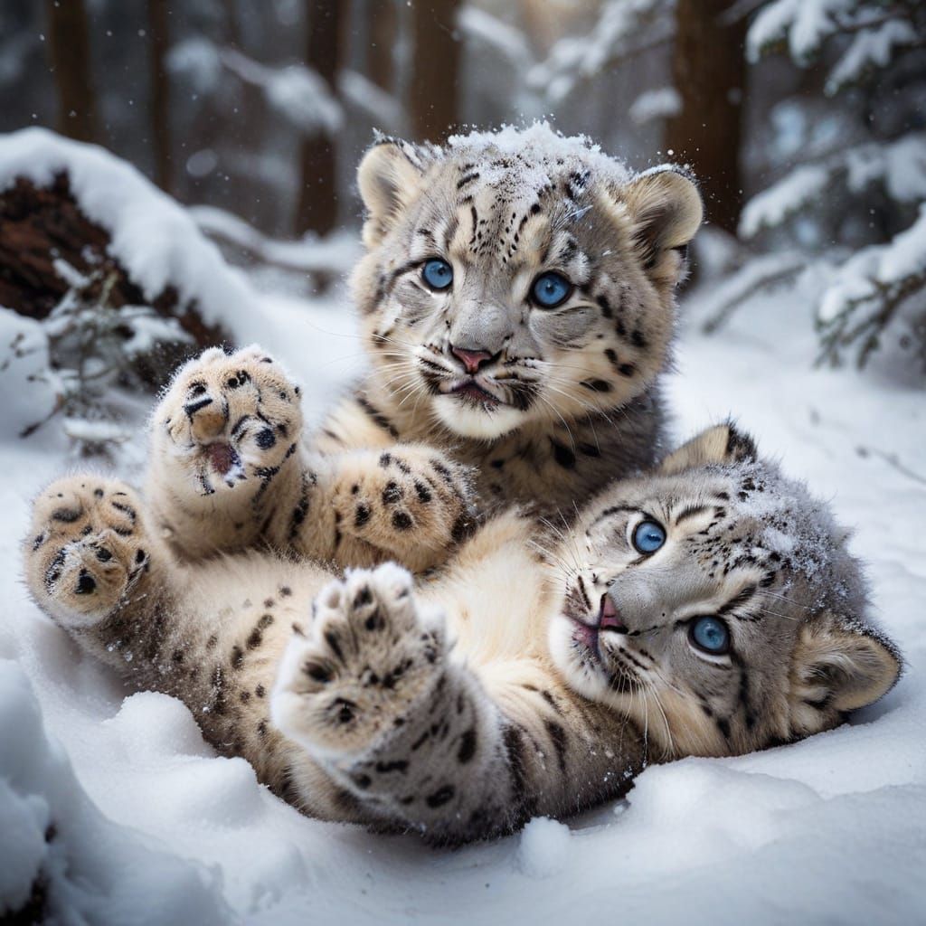 Playful Baby Snow Leopards Rolling in Snow