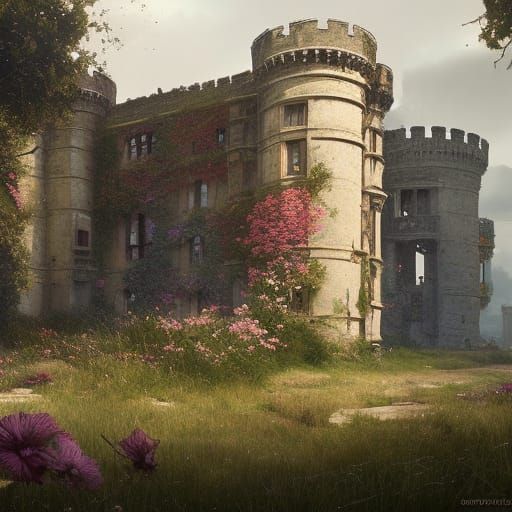 Encroaching Flowers on Abandoned Castle: Dark Fantasy Art