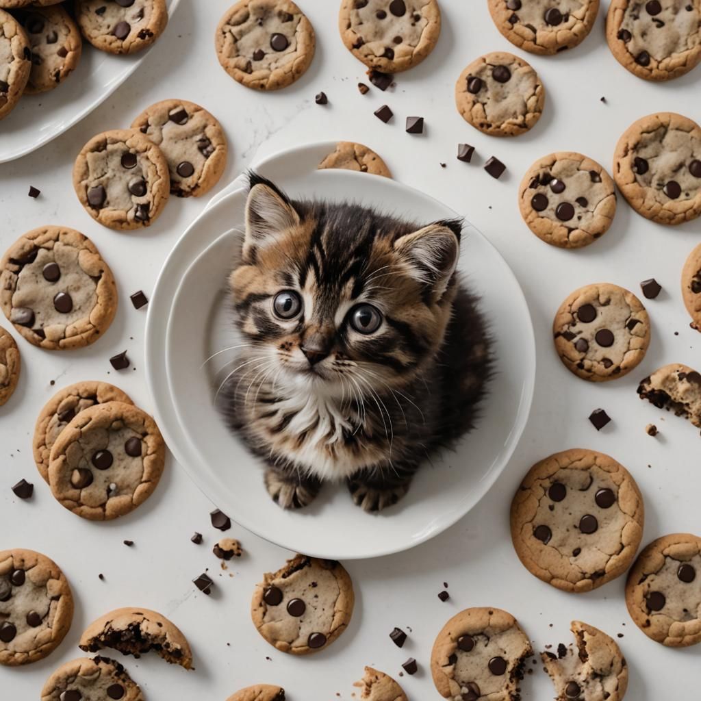 Fluffy Kitten with Cookie on White Background