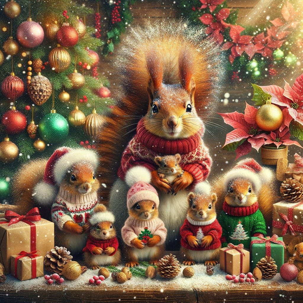 Fuzzy Squirrel Family in Festive Holiday Scene