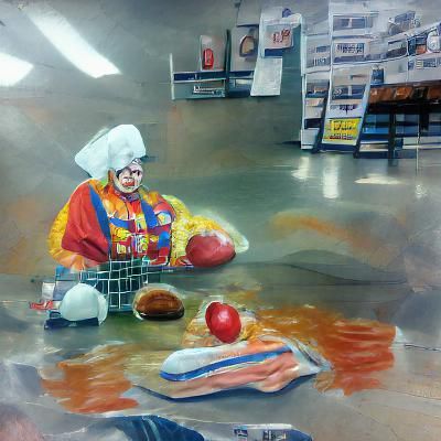 Sad Clown Cooking in Hyperrealistic Grocery Store