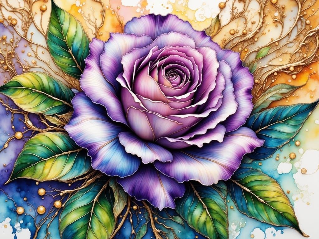 Purple and White Rose in Watercolor Alcohol Ink Style