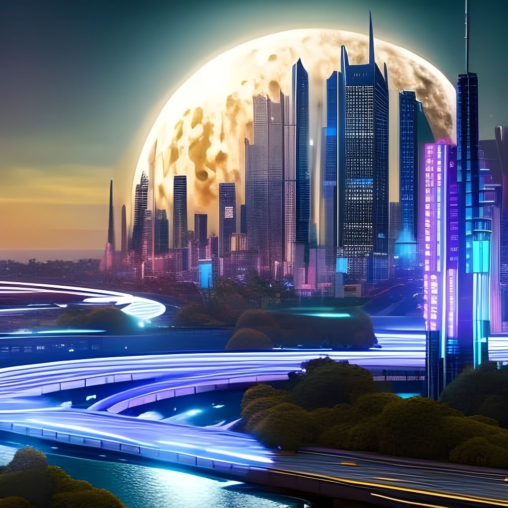 Glowing Moon Over Detailed Techno-City at Night